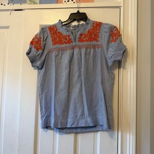 Sister Mary Embroidered Blue & White Striped Babydoll Top Size XS